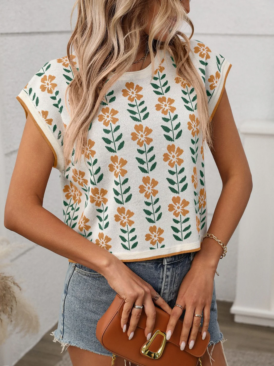 Flower Round Neck Short Sleeve Knit Top - Image 13