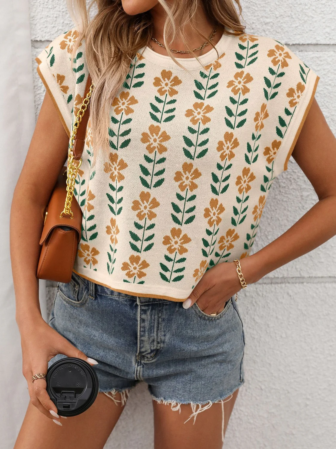 Flower Round Neck Short Sleeve Knit Top - Image 3