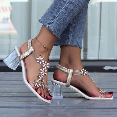 Flower Square Toe Block Heel Sandals - Image 4