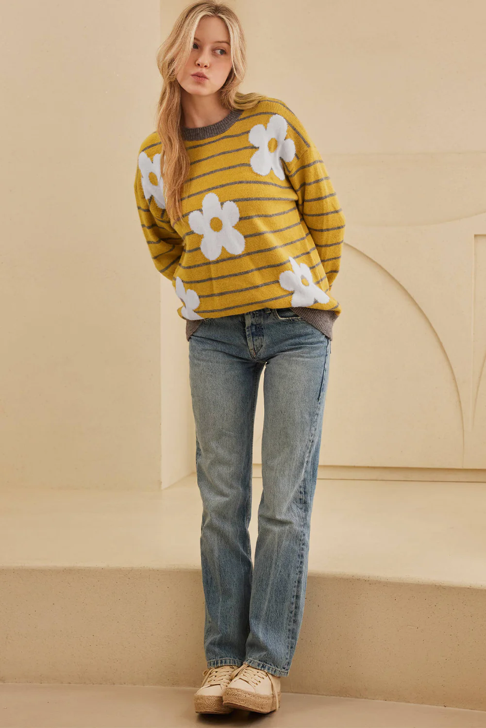 Flower Stripe Round Neck Long Sleeve Sweater - Image 5