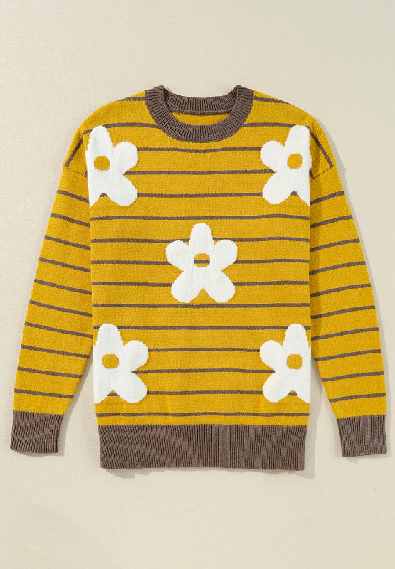 Flower Stripe Round Neck Long Sleeve Sweater - Image 7