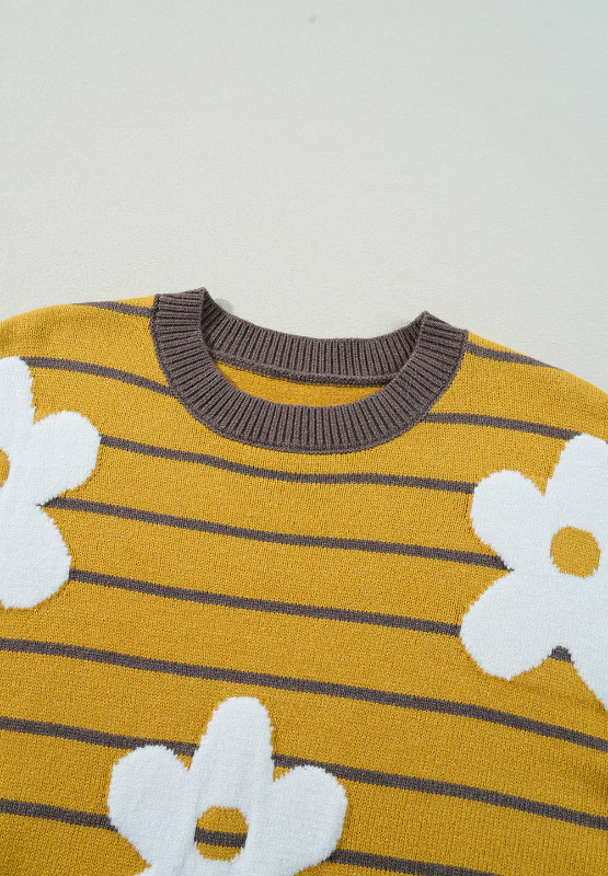 Flower Stripe Round Neck Long Sleeve Sweater - Image 8