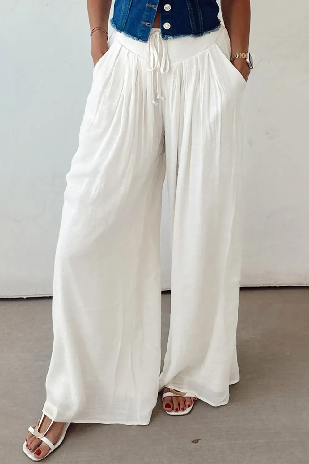 Flowy Wide Leg Pants with Drawstring Waist - Image 2