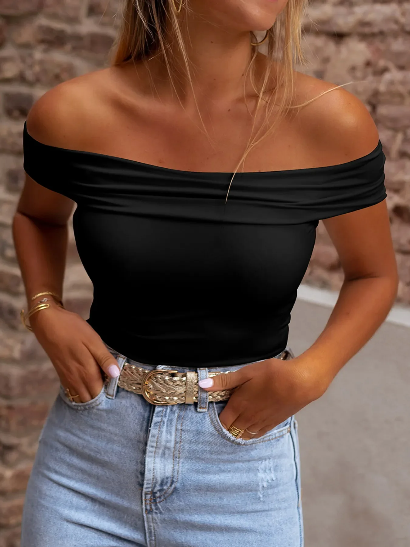 Folded Off Shoulder Slim Top - Image 5