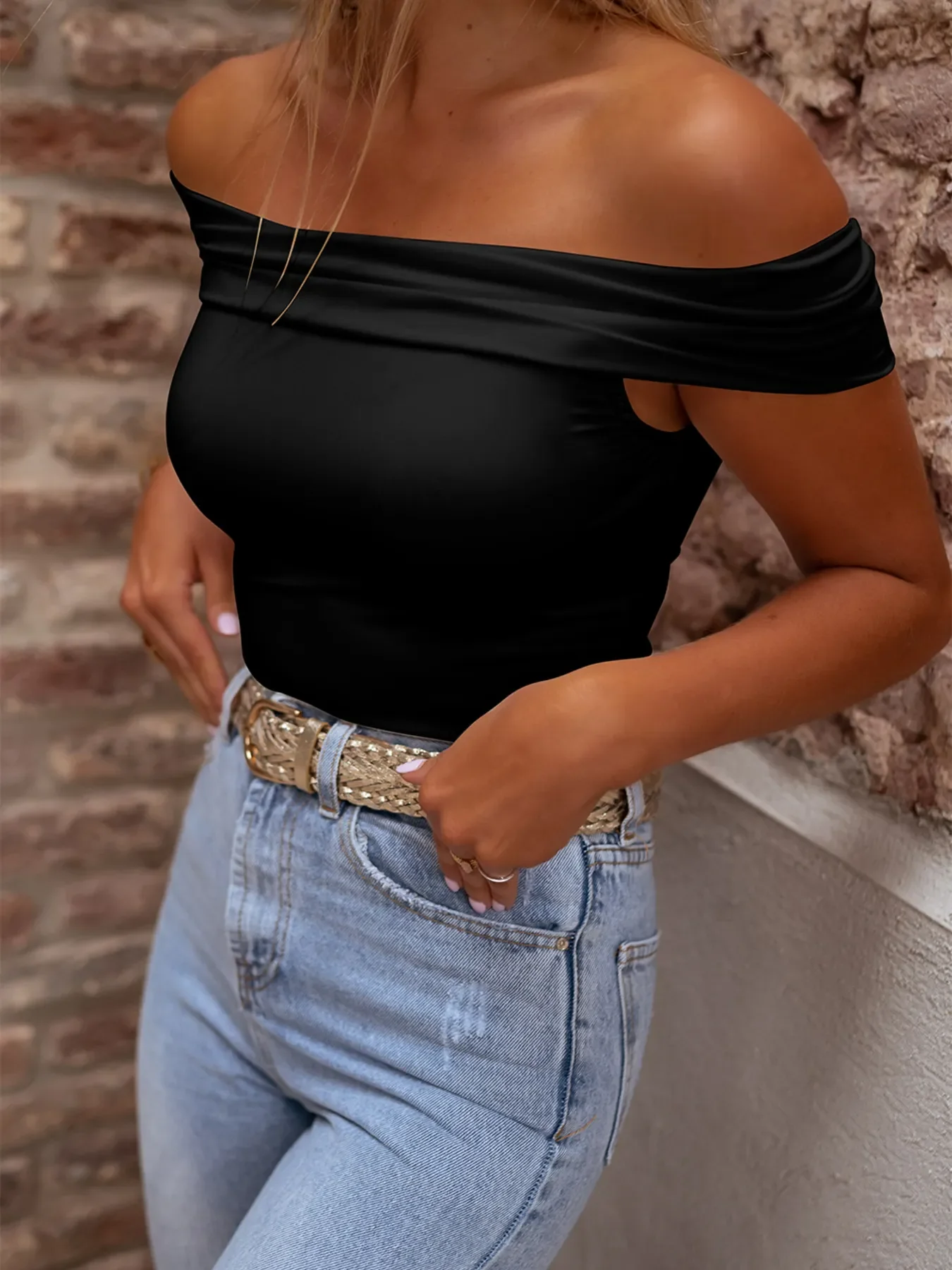 Folded Off Shoulder Slim Top - Image 6