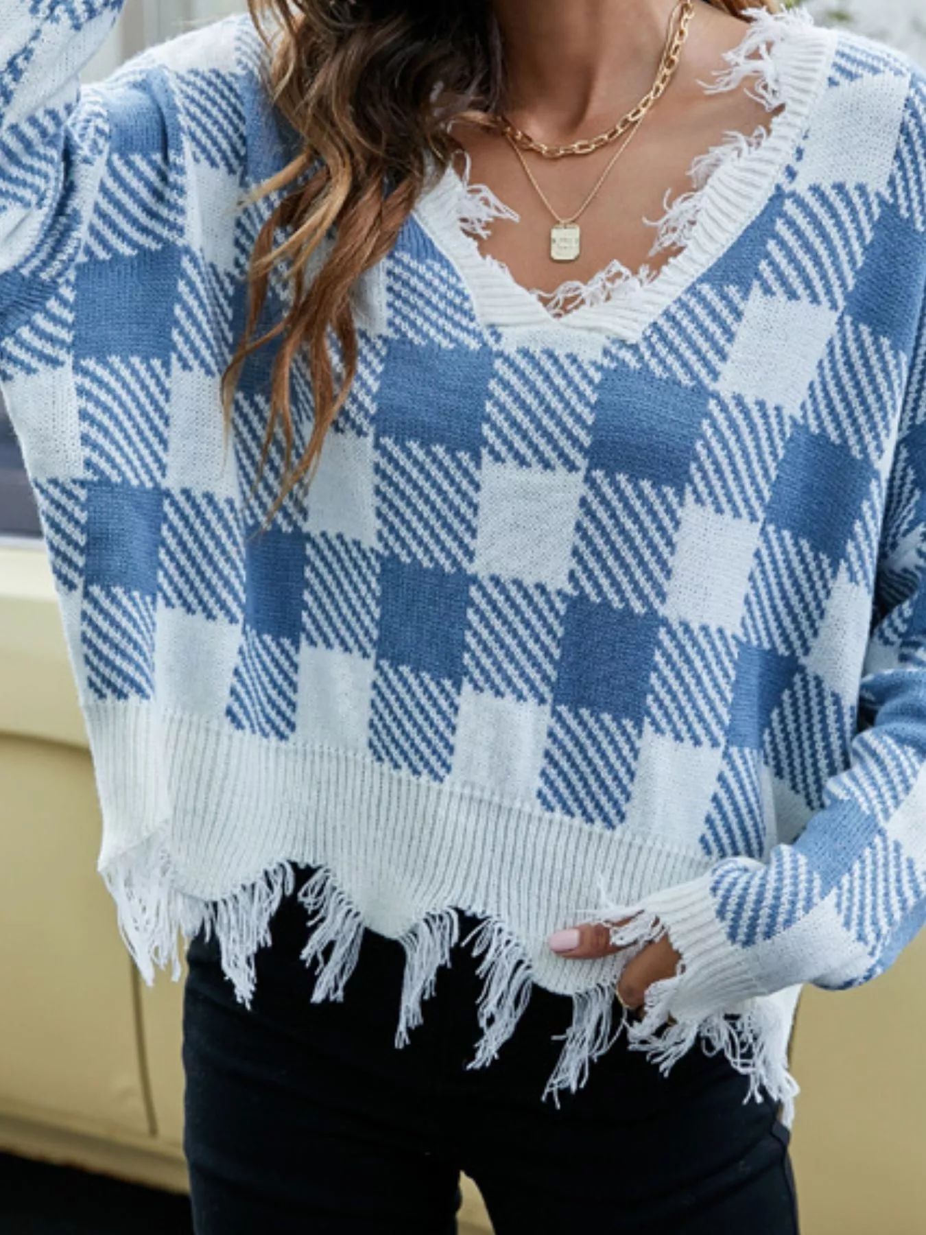 Frayed Hem Long Sleeve Sweater - Image 15