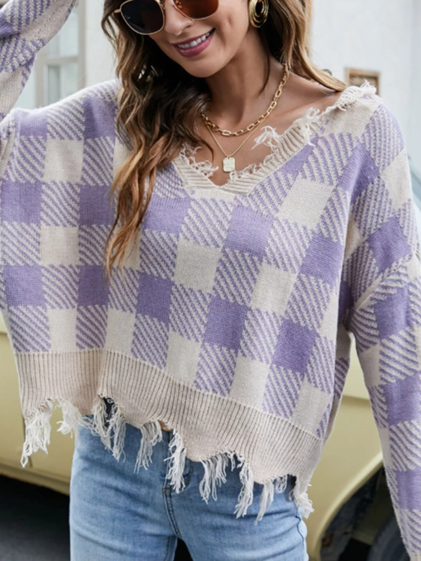 Frayed Hem Long Sleeve Sweater - Image 16