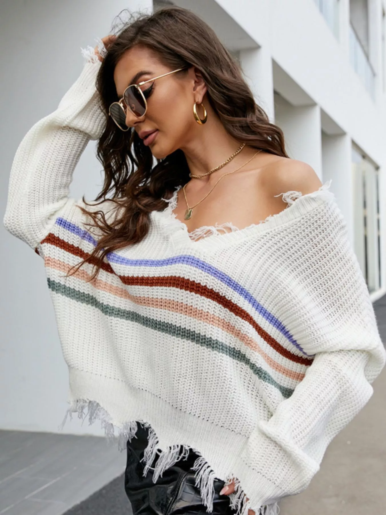 Frayed Hem Long Sleeve Sweater - Image 31
