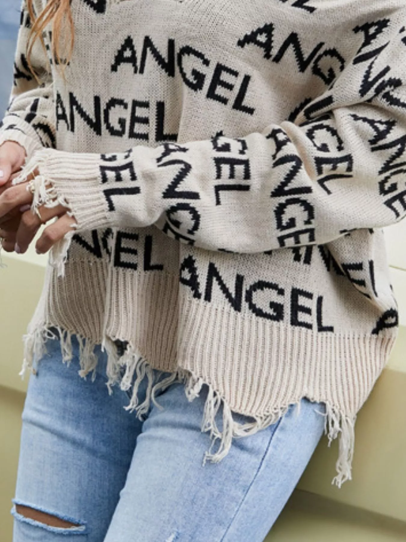 Frayed Hem Long Sleeve Sweater - Image 6