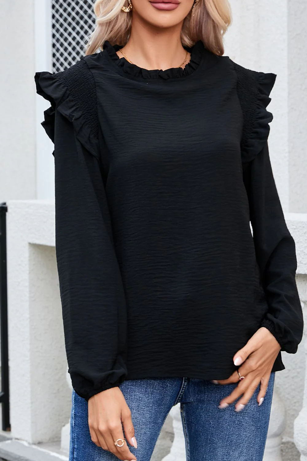 Frill Mock Neck Ruffled Balloon Sleeve Blouse - Image 11