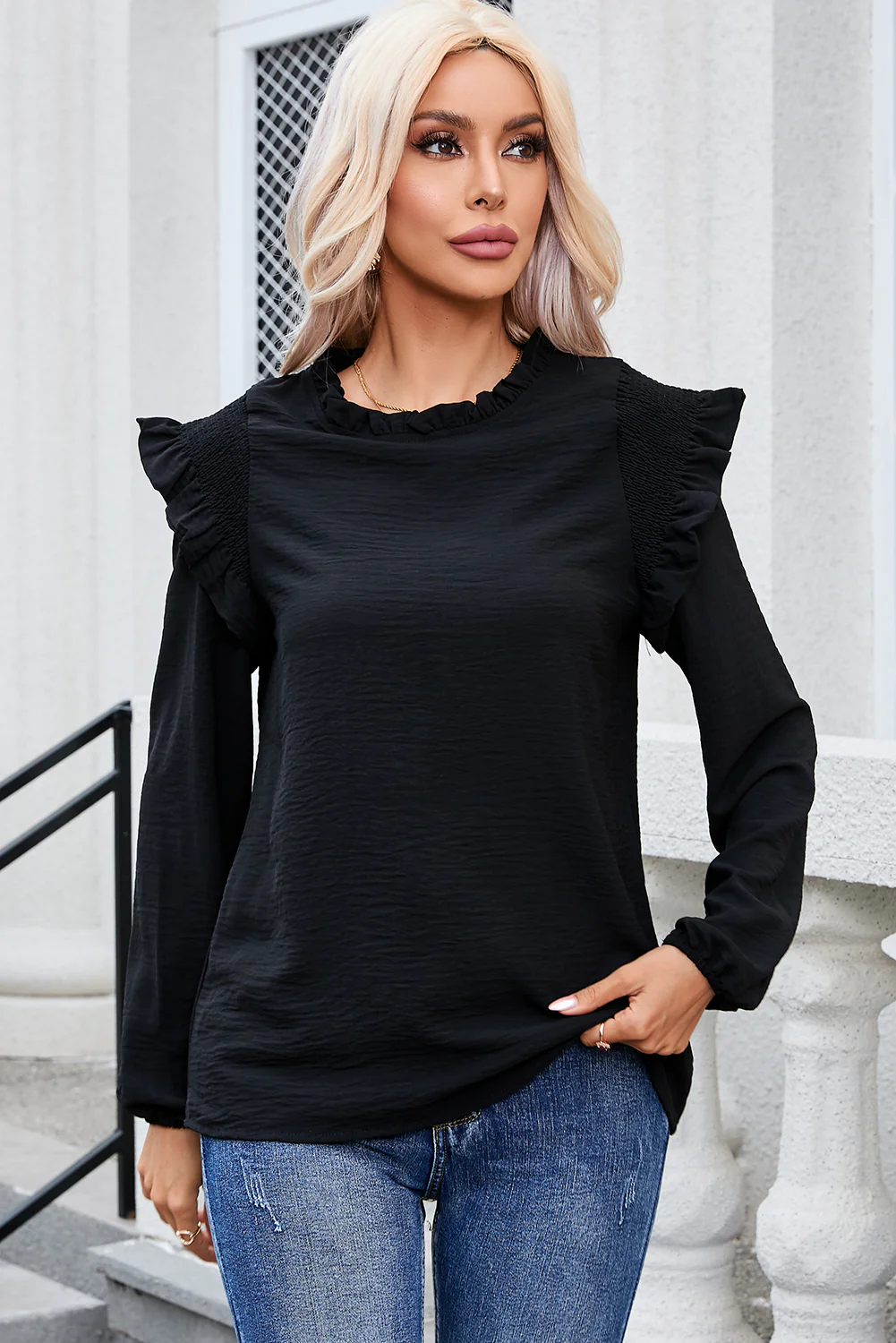 Frill Mock Neck Ruffled Balloon Sleeve Blouse - Image 12