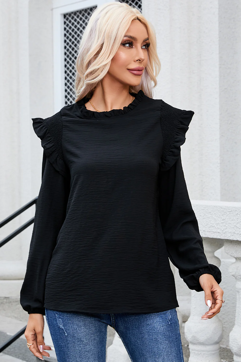 Frill Mock Neck Ruffled Balloon Sleeve Blouse - Image 13