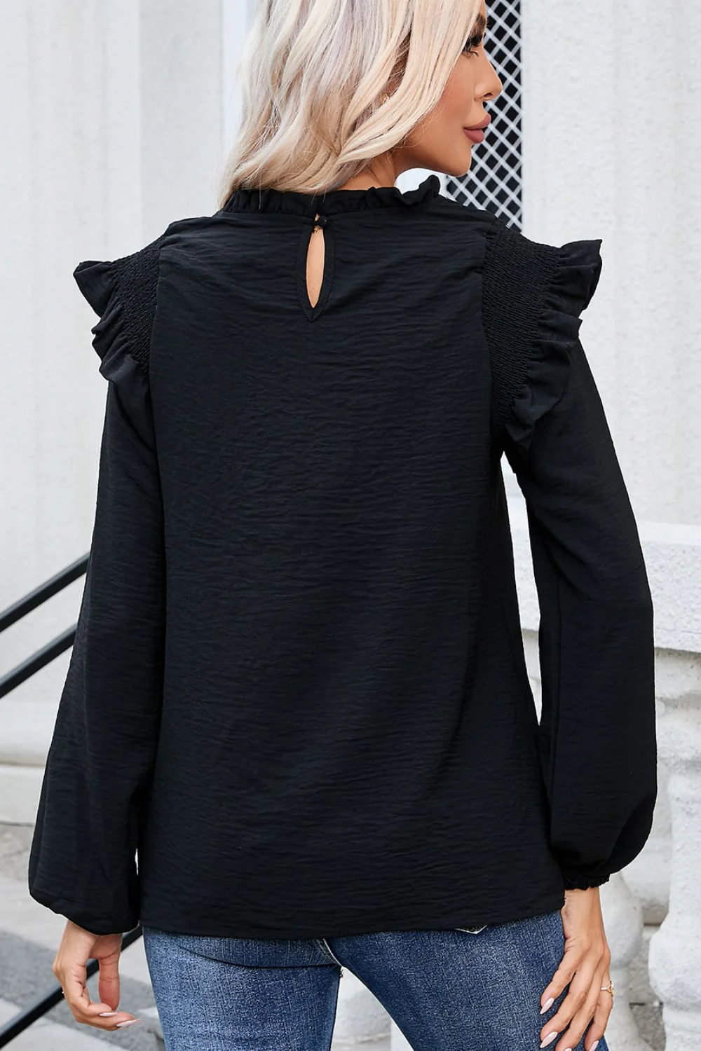 Frill Mock Neck Ruffled Balloon Sleeve Blouse - Image 15