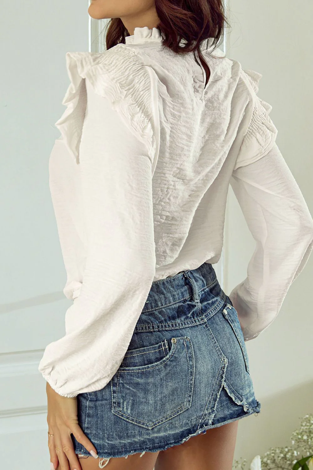 Frill Mock Neck Ruffled Balloon Sleeve Blouse - Image 3