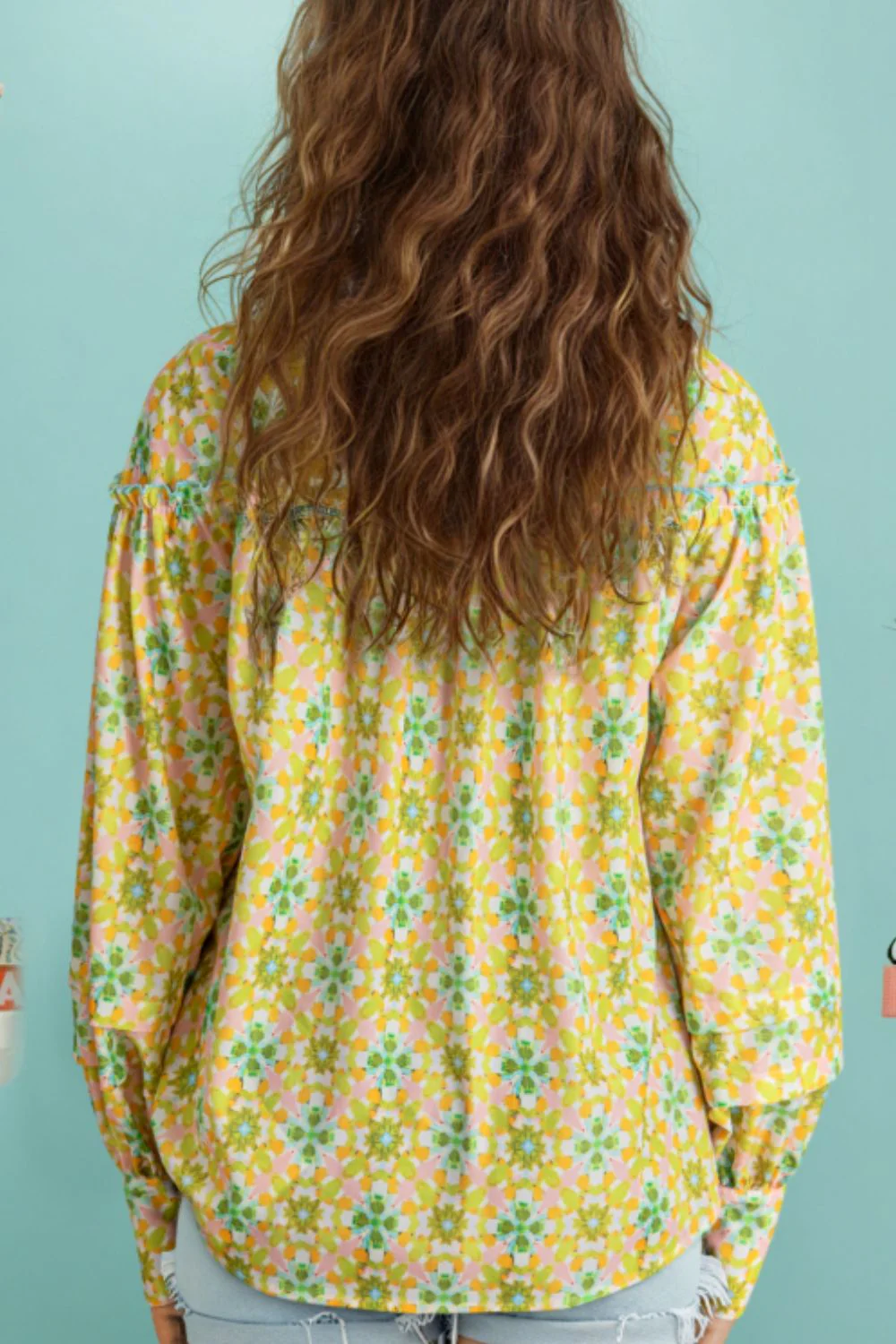 Frill Printed Collared Neck Long Sleeve Blouse - Image 2