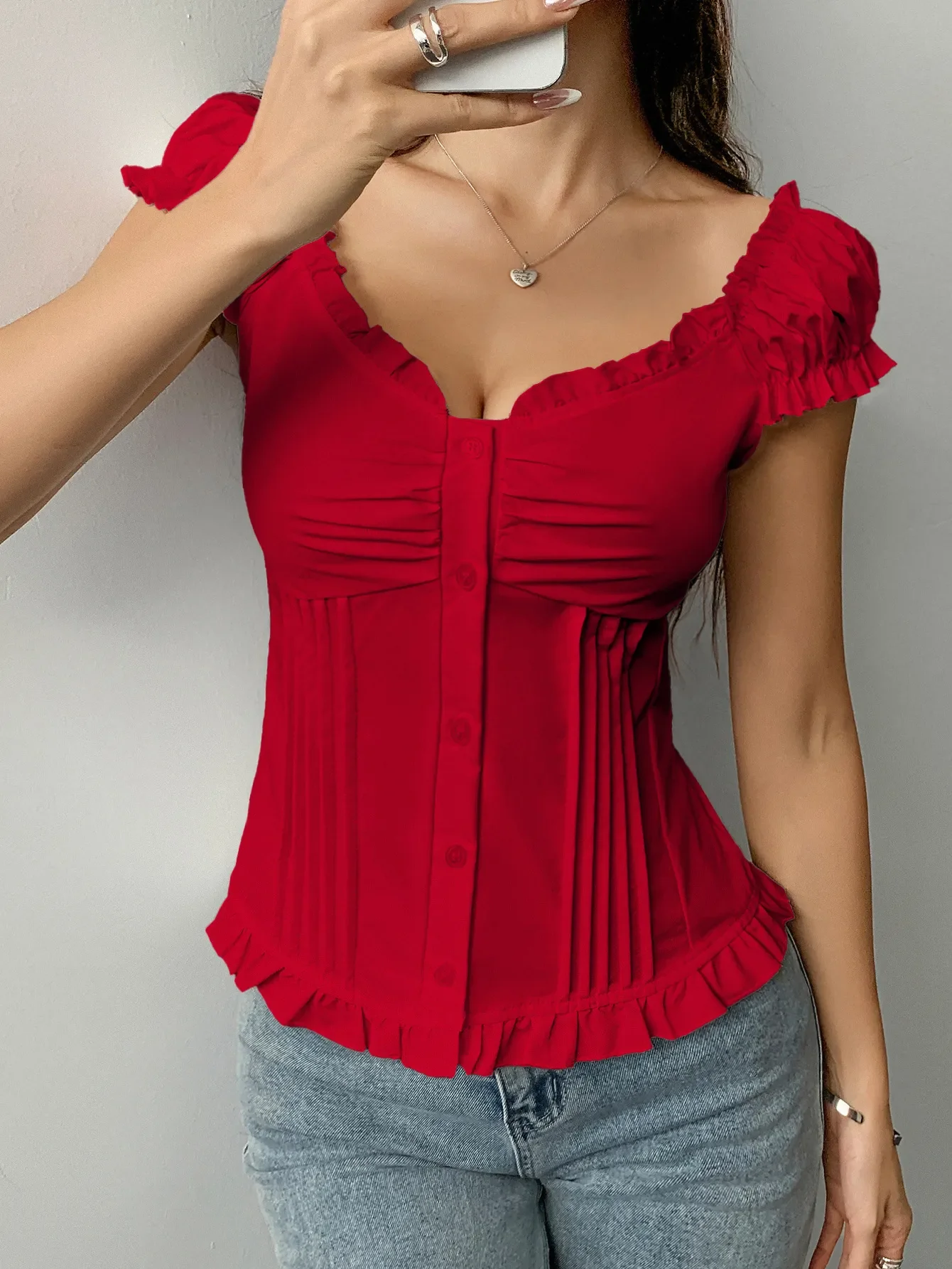 Frill Ruched Cap Sleeve Blouse - Image 2