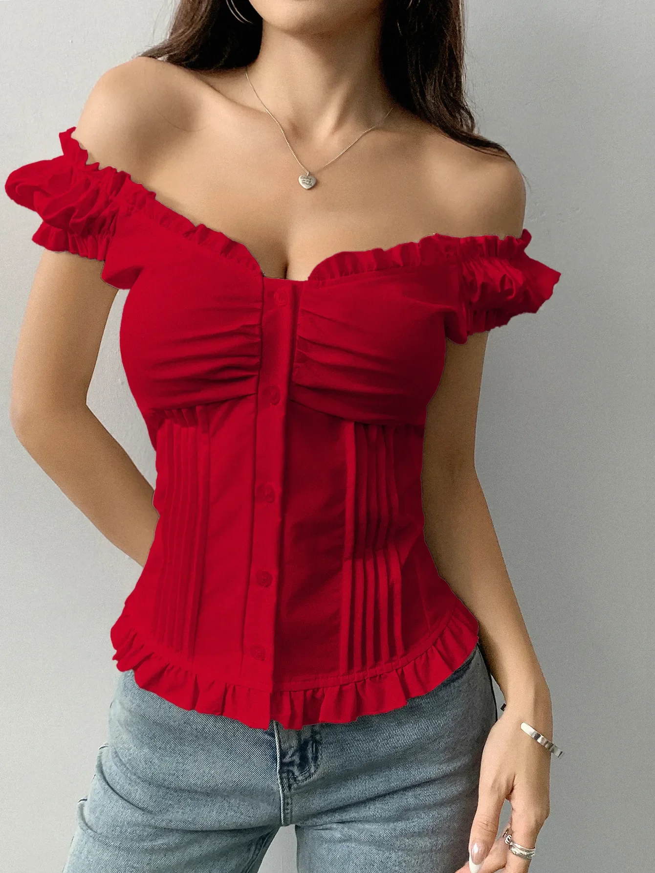 Frill Ruched Cap Sleeve Blouse - Image 3