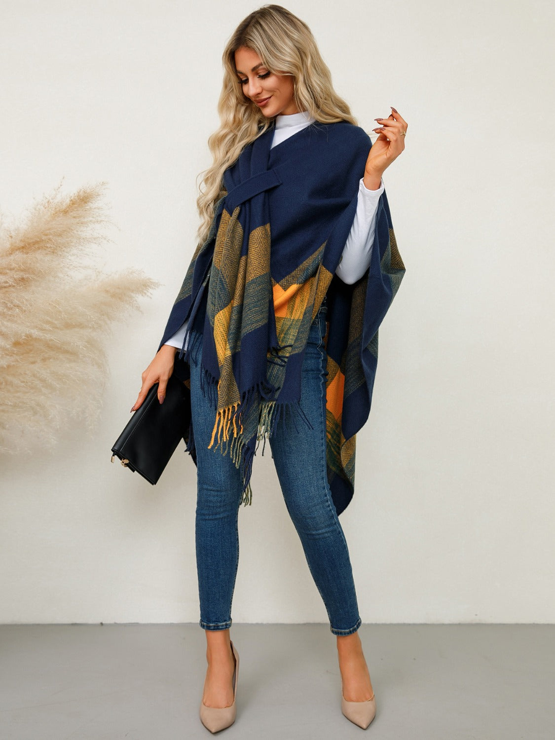 Fringe Contrast Plaid Poncho - Image 16
