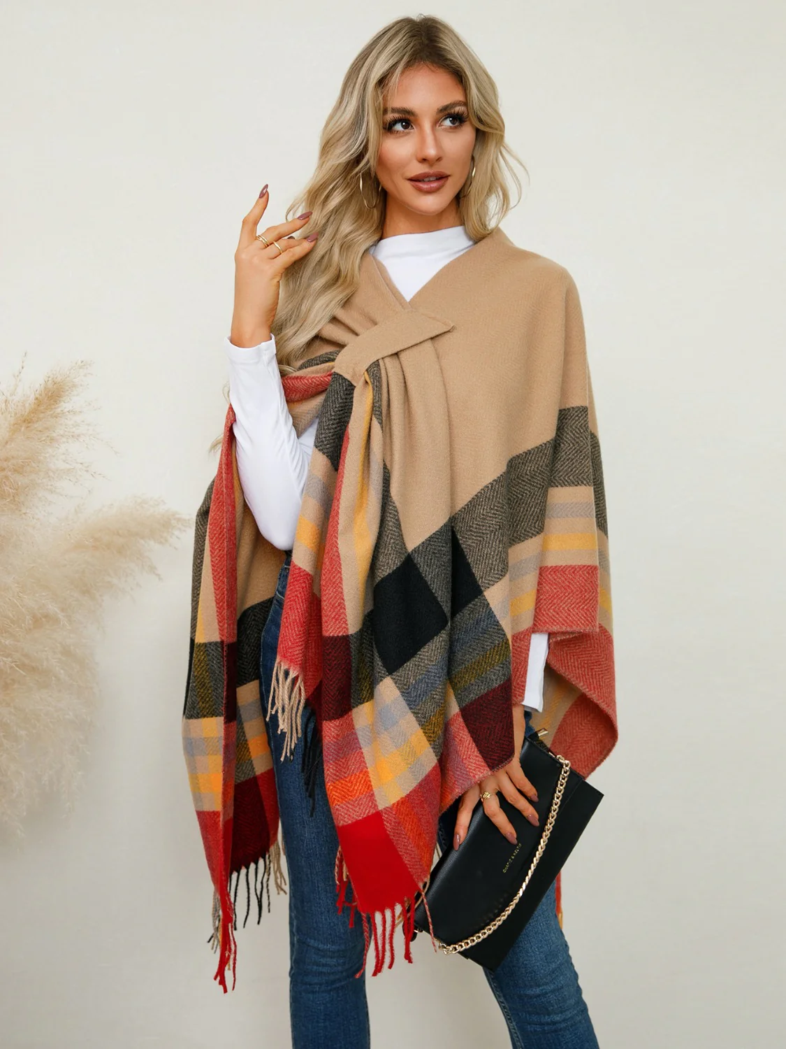 Fringe Contrast Plaid Poncho - Image 2
