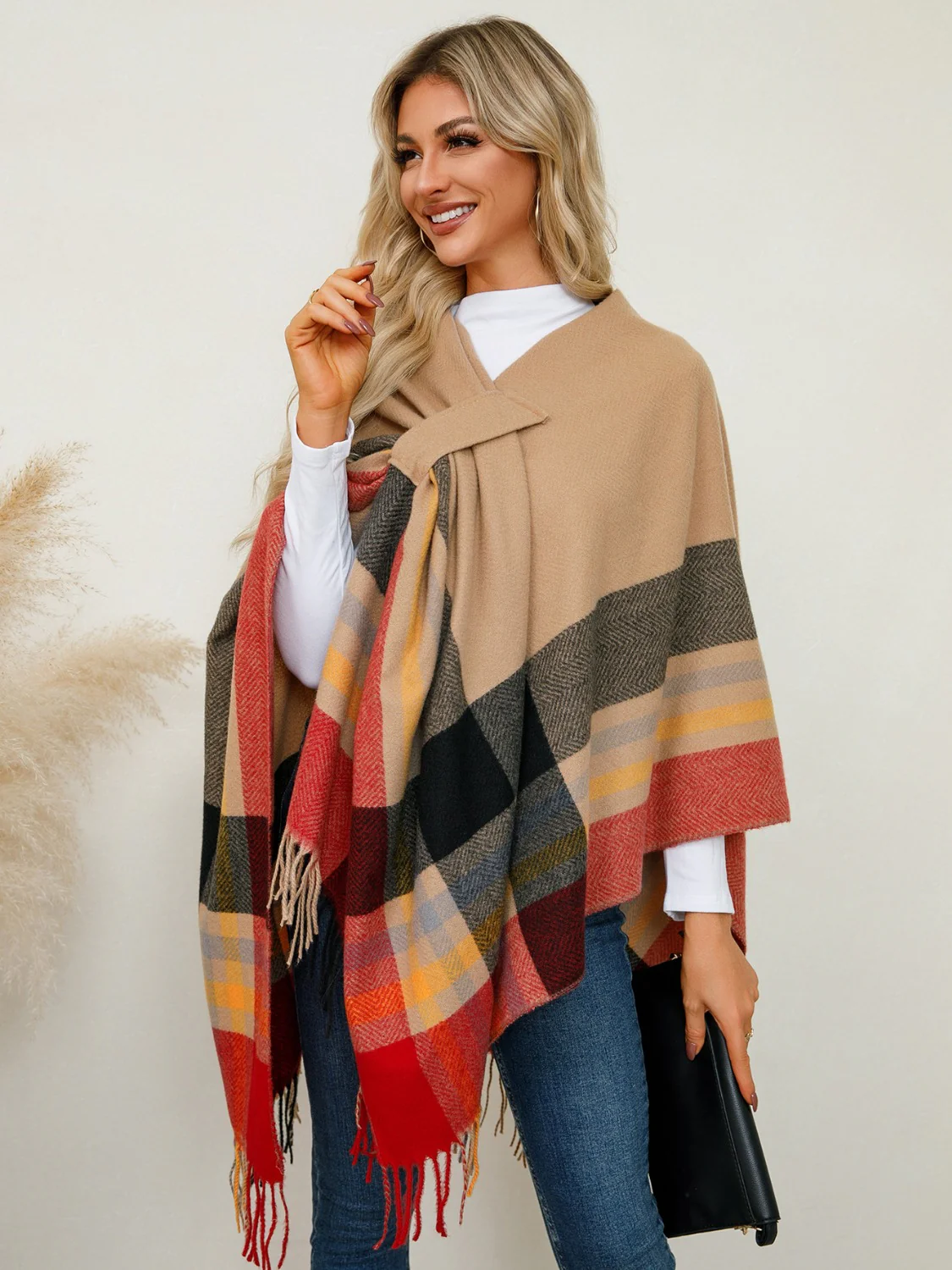 Fringe Contrast Plaid Poncho - Image 3