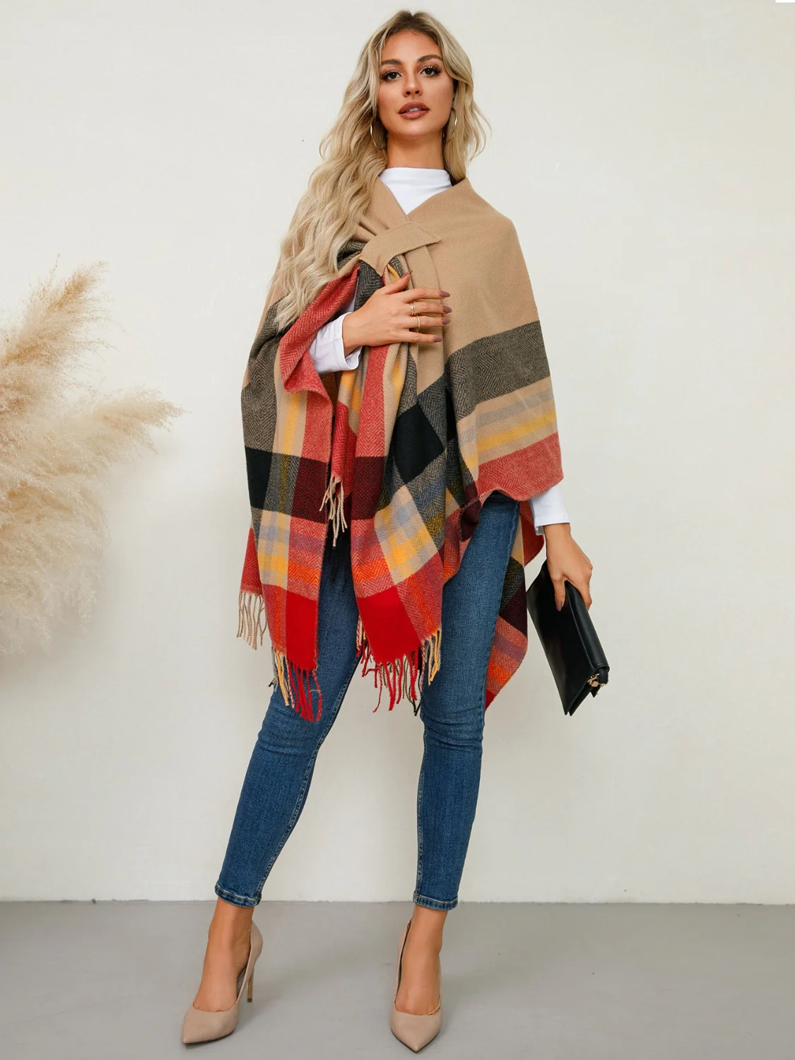 Fringe Contrast Plaid Poncho - Image 6
