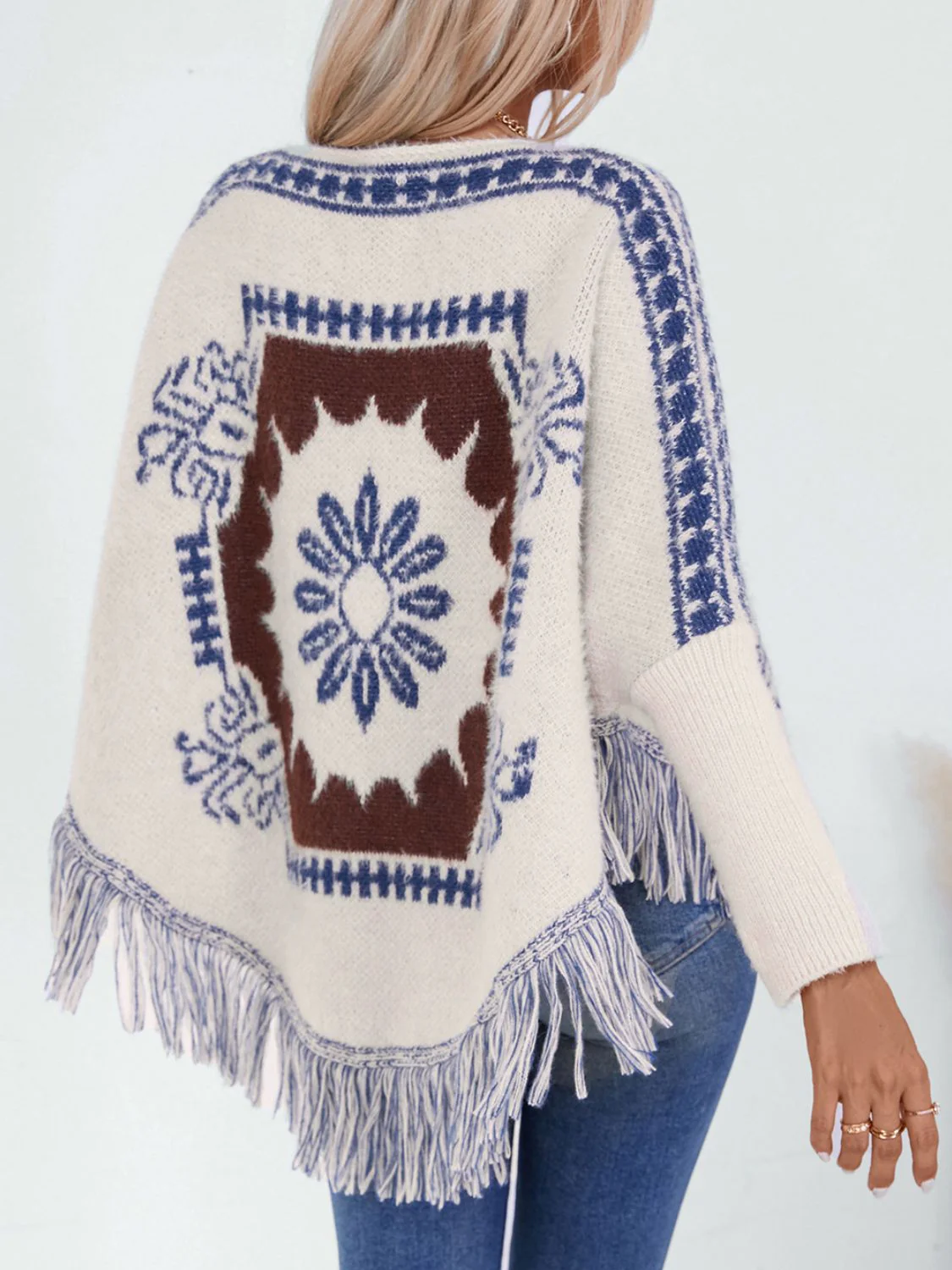 Fringe Geometric Long Sleeve Poncho - Image 2
