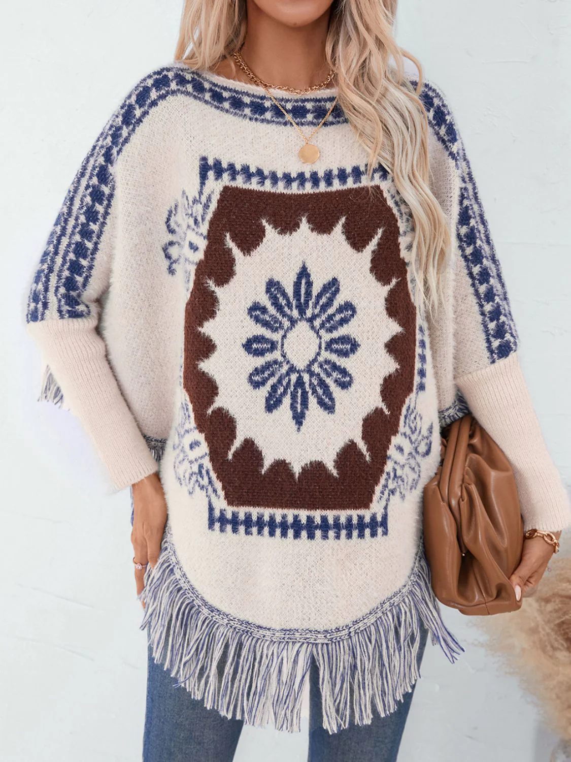 Fringe Geometric Long Sleeve Poncho - Image 3