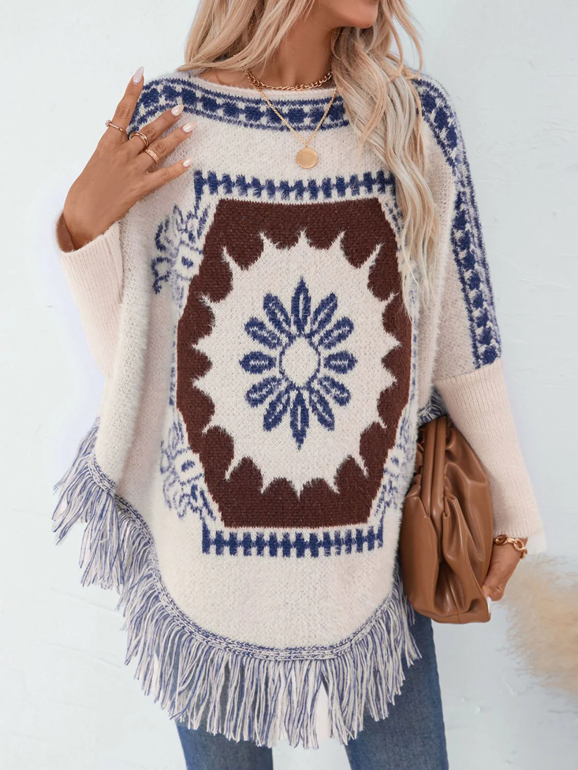 Fringe Geometric Long Sleeve Poncho - Image 4