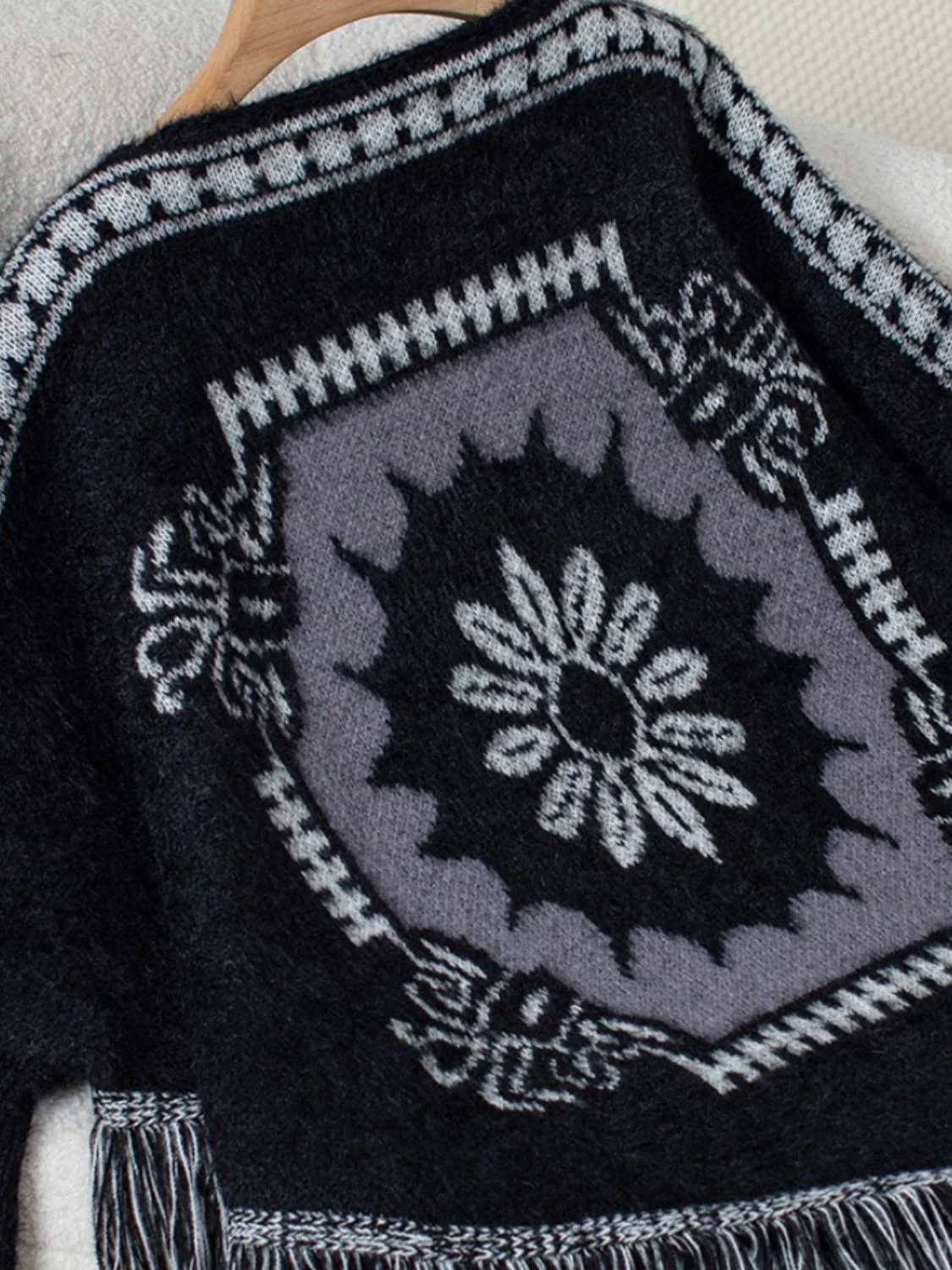 Fringe Geometric Long Sleeve Poncho - Image 7