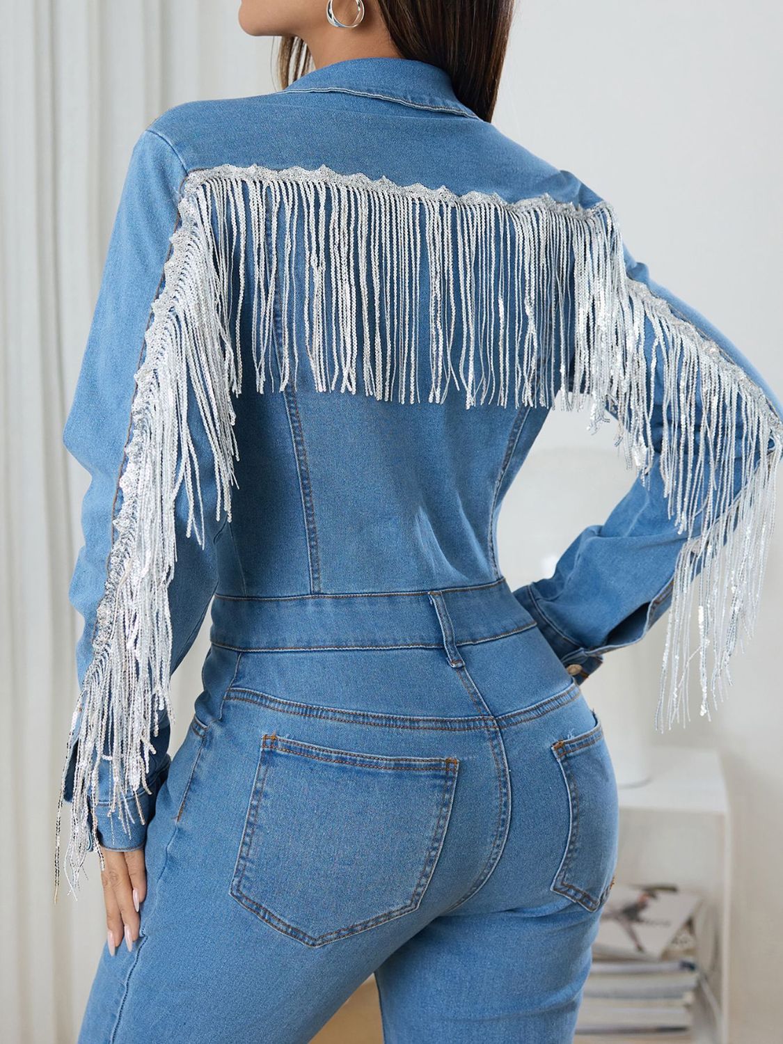 Fringe Half Button Long Sleeve Denim Jumpsuit - Image 5