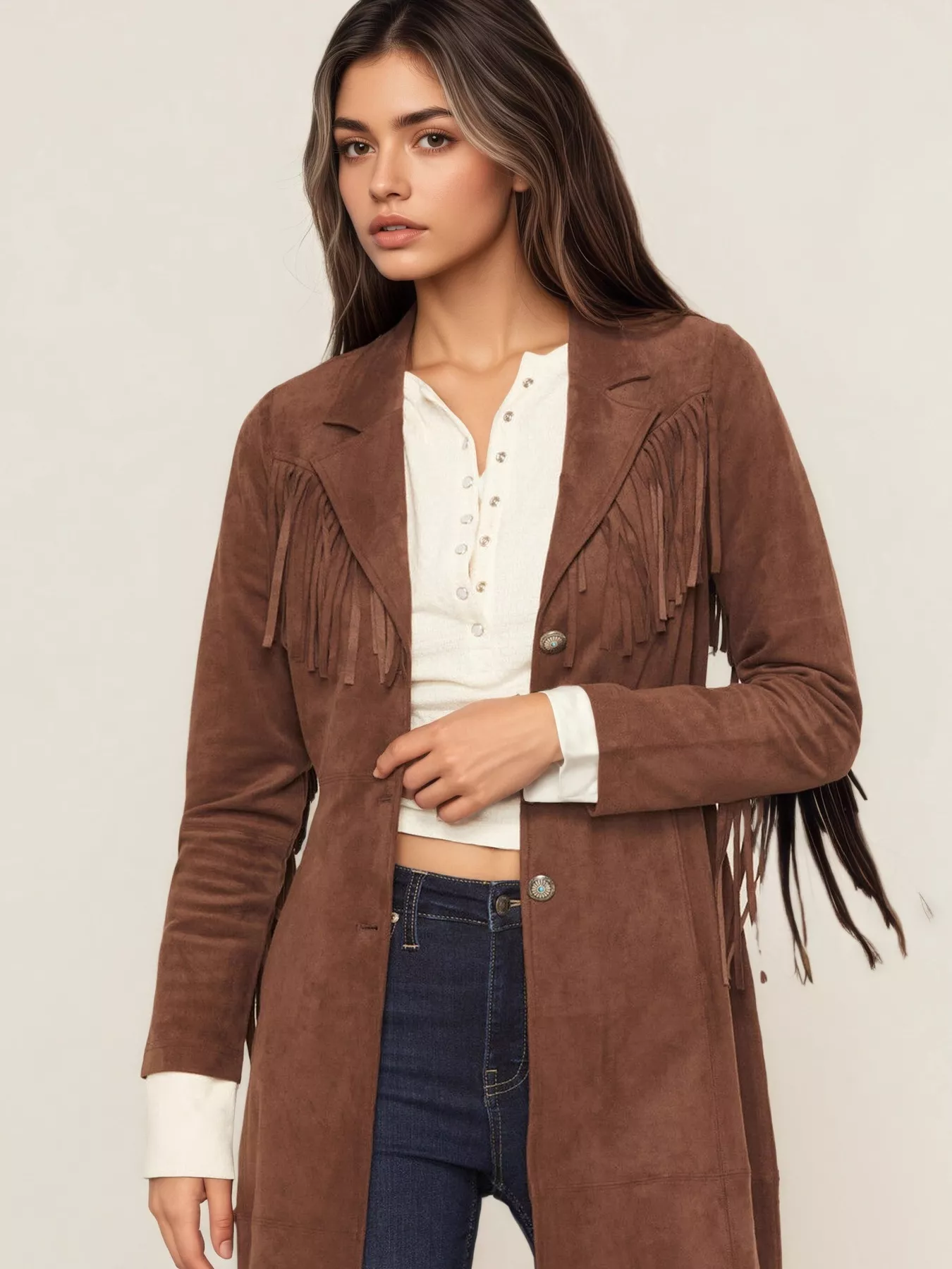 Fringe Lapel Collar Long Sleeve Coat - Image 3