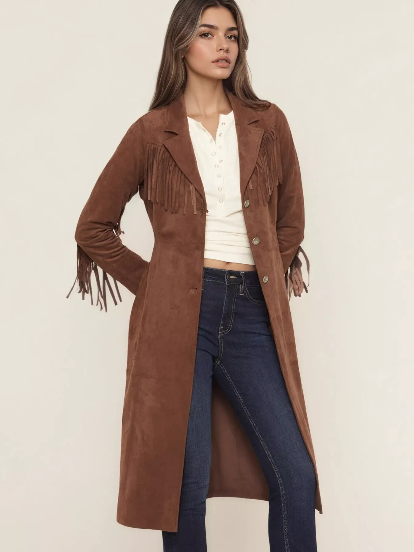 Fringe Lapel Collar Long Sleeve Coat - Image 4