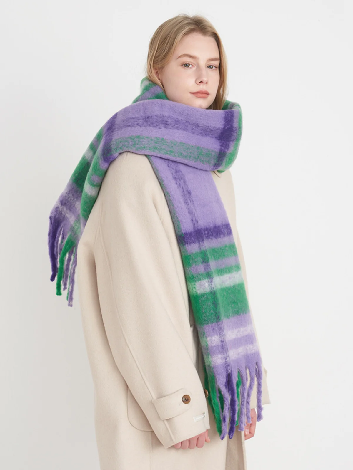Fringe Plaid Polyester Scarf - Image 2