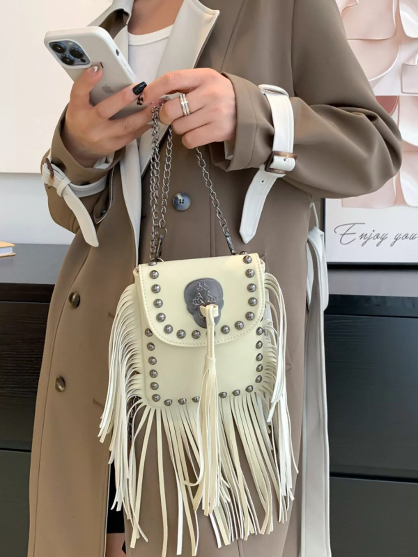 Fringe Rivet Decor Crossbody Bag - Image 3