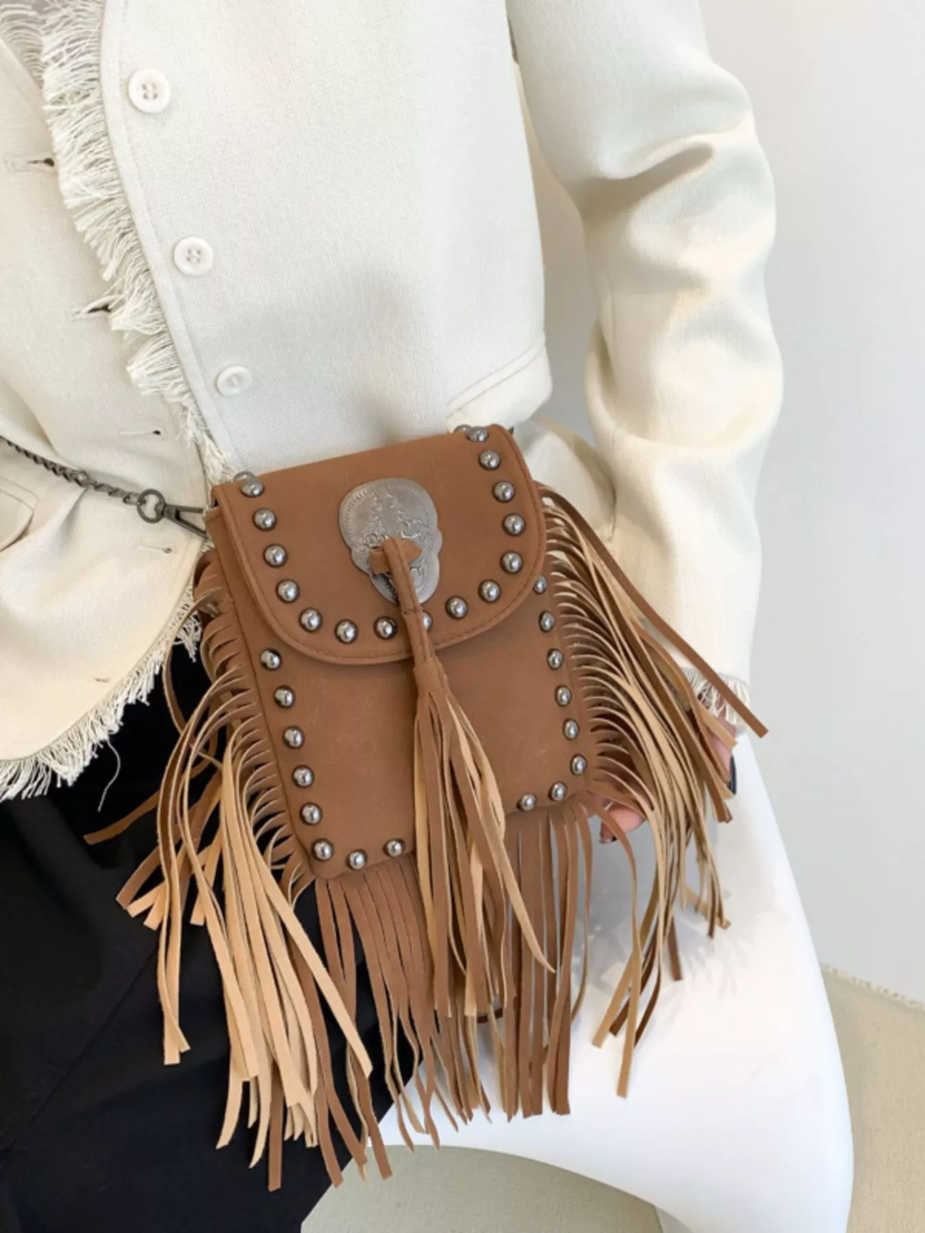Fringe Rivet Decor Crossbody Bag - Image 8