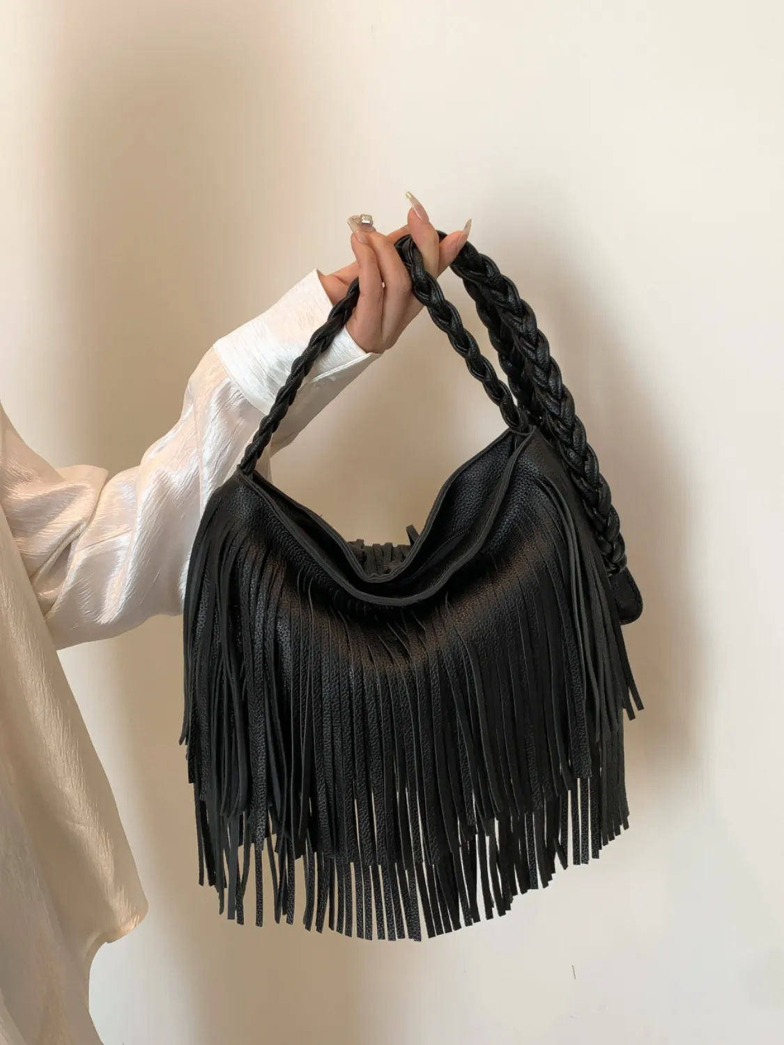 Fringe Solid Color Shoulder Bag - Image 2