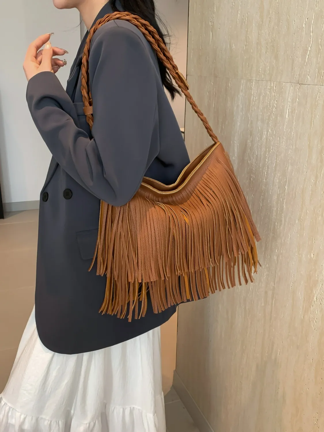 Fringe Solid Color Shoulder Bag - Image 3