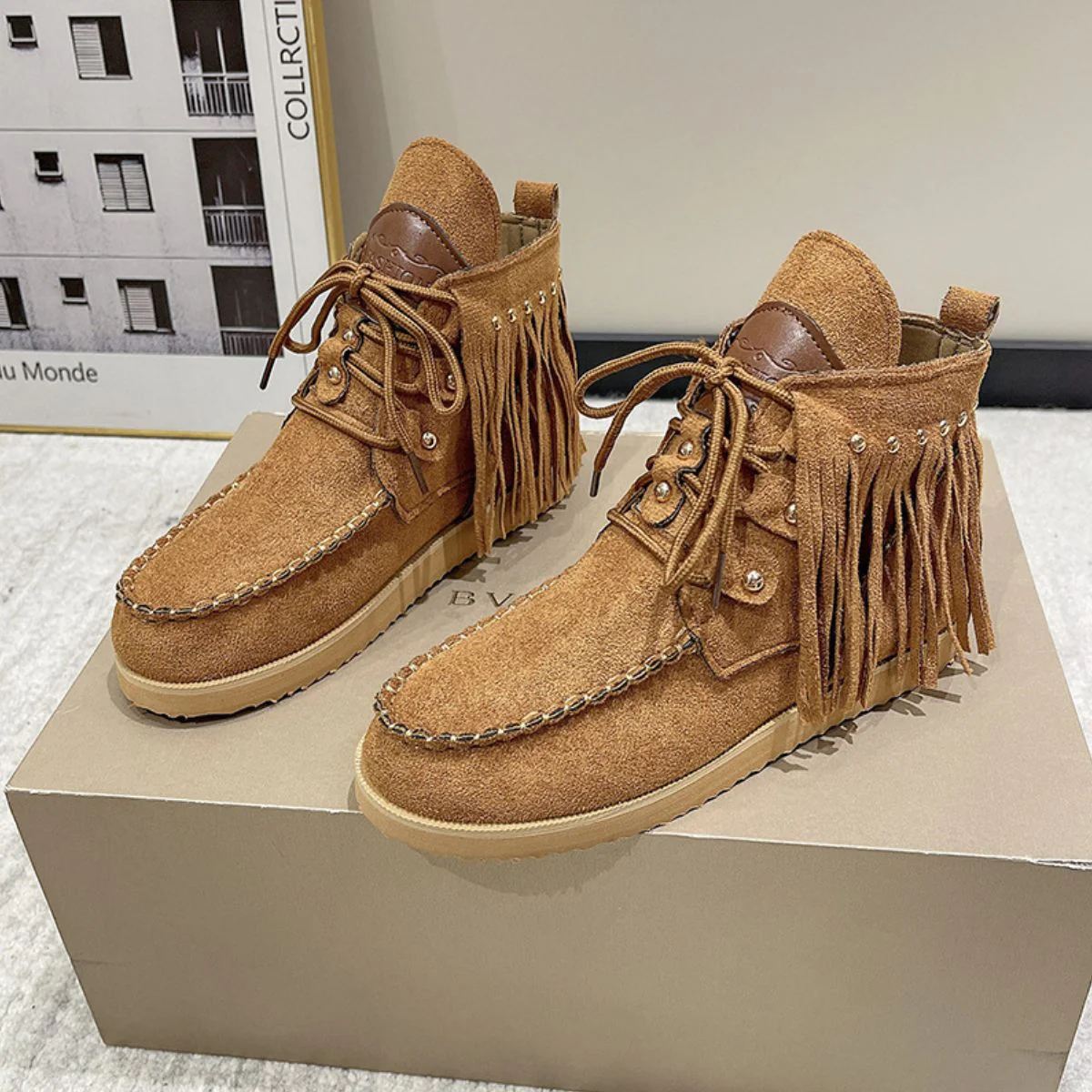Fringe Studded Round Toe Canvas Boots - Image 10