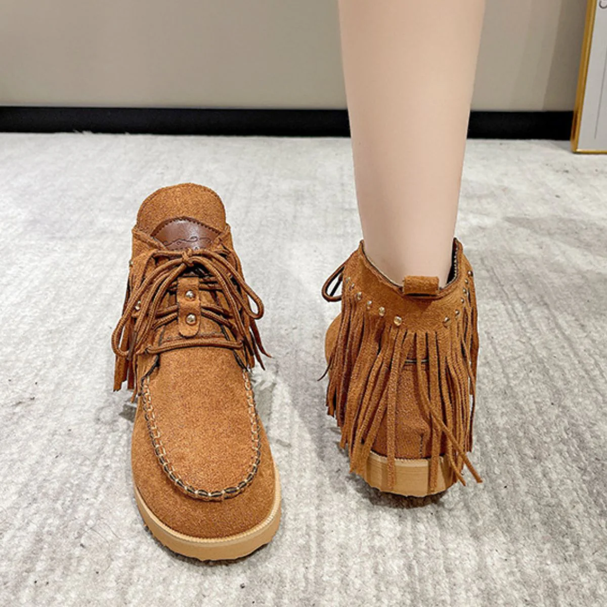 Fringe Studded Round Toe Canvas Boots - Image 11