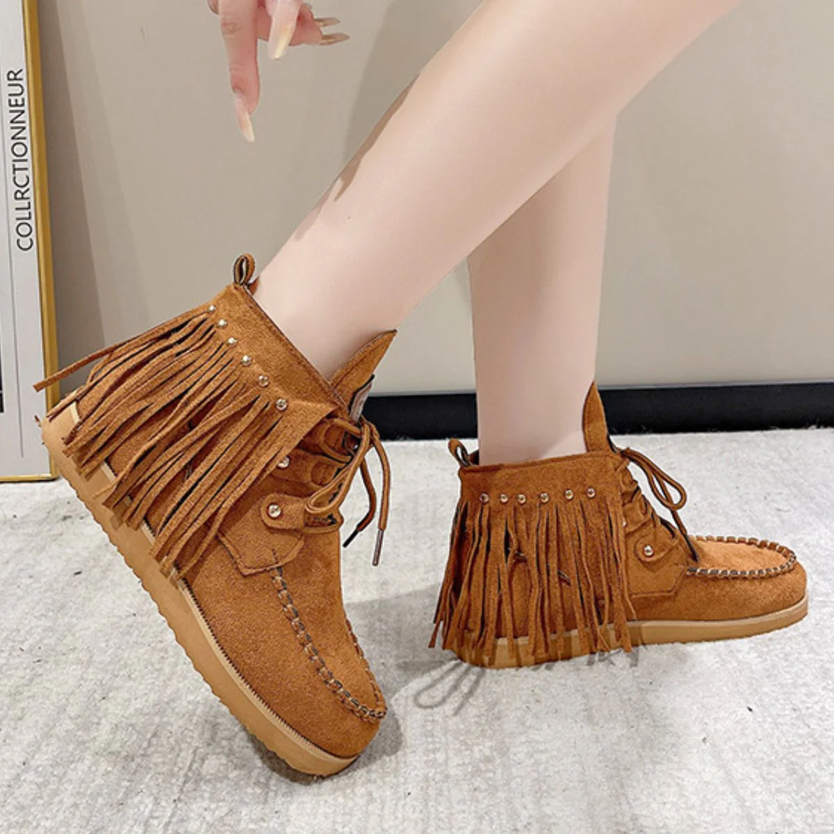 Fringe Studded Round Toe Canvas Boots - Image 12