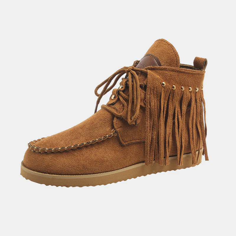 Fringe Studded Round Toe Canvas Boots - Image 13