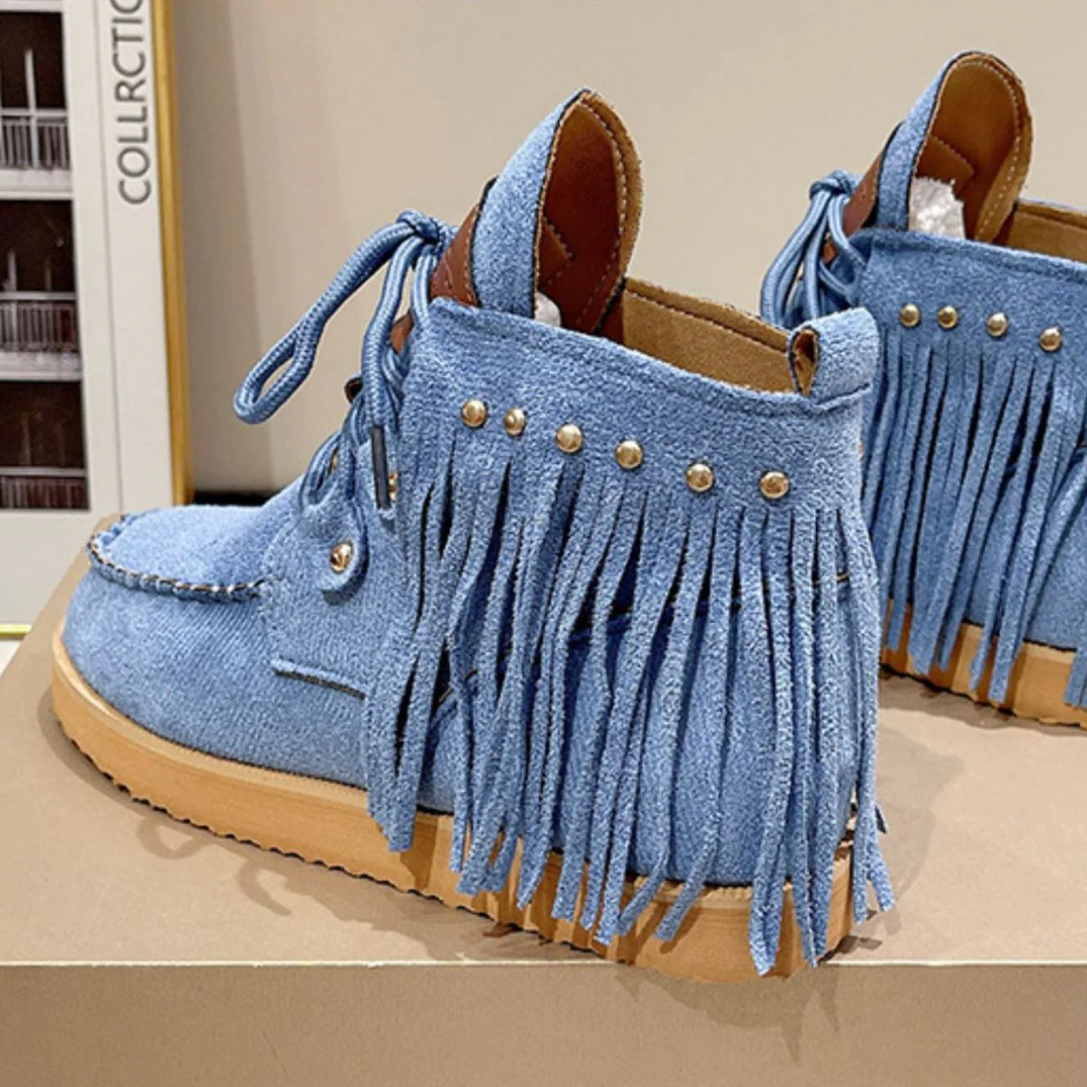 Fringe Studded Round Toe Canvas Boots - Image 3