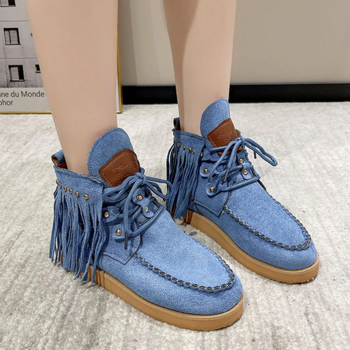 Fringe Studded Round Toe Canvas Boots - Image 4