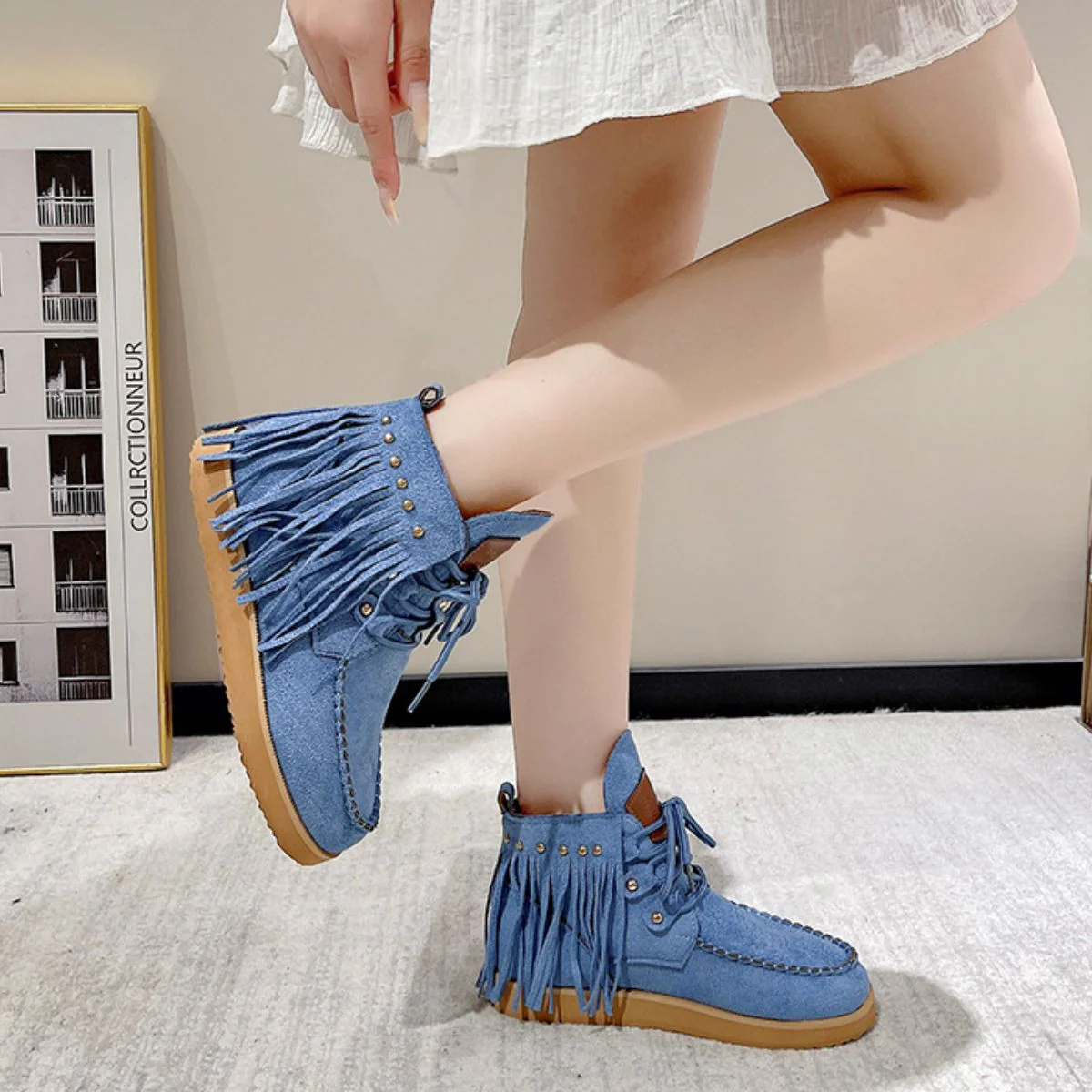 Fringe Studded Round Toe Canvas Boots - Image 5