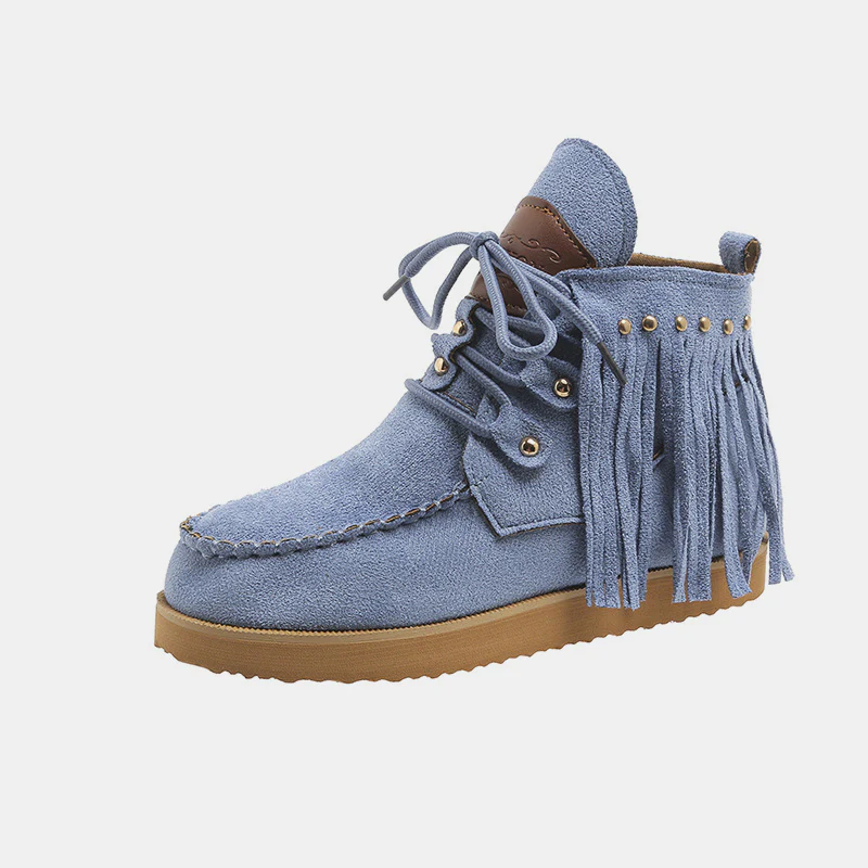 Fringe Studded Round Toe Canvas Boots - Image 6