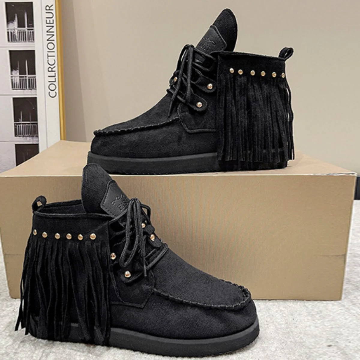 Fringe Studded Round Toe Canvas Boots - Image 8