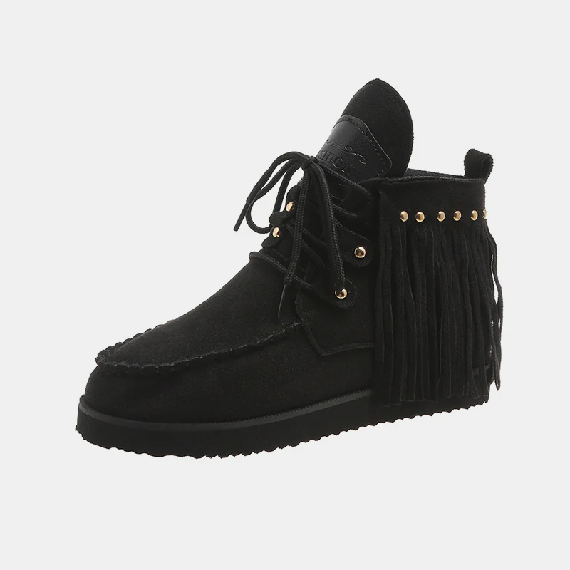 Fringe Studded Round Toe Canvas Boots - Image 9