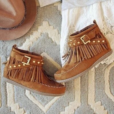 Fringe Studded Suede Flat Boots - Image 7