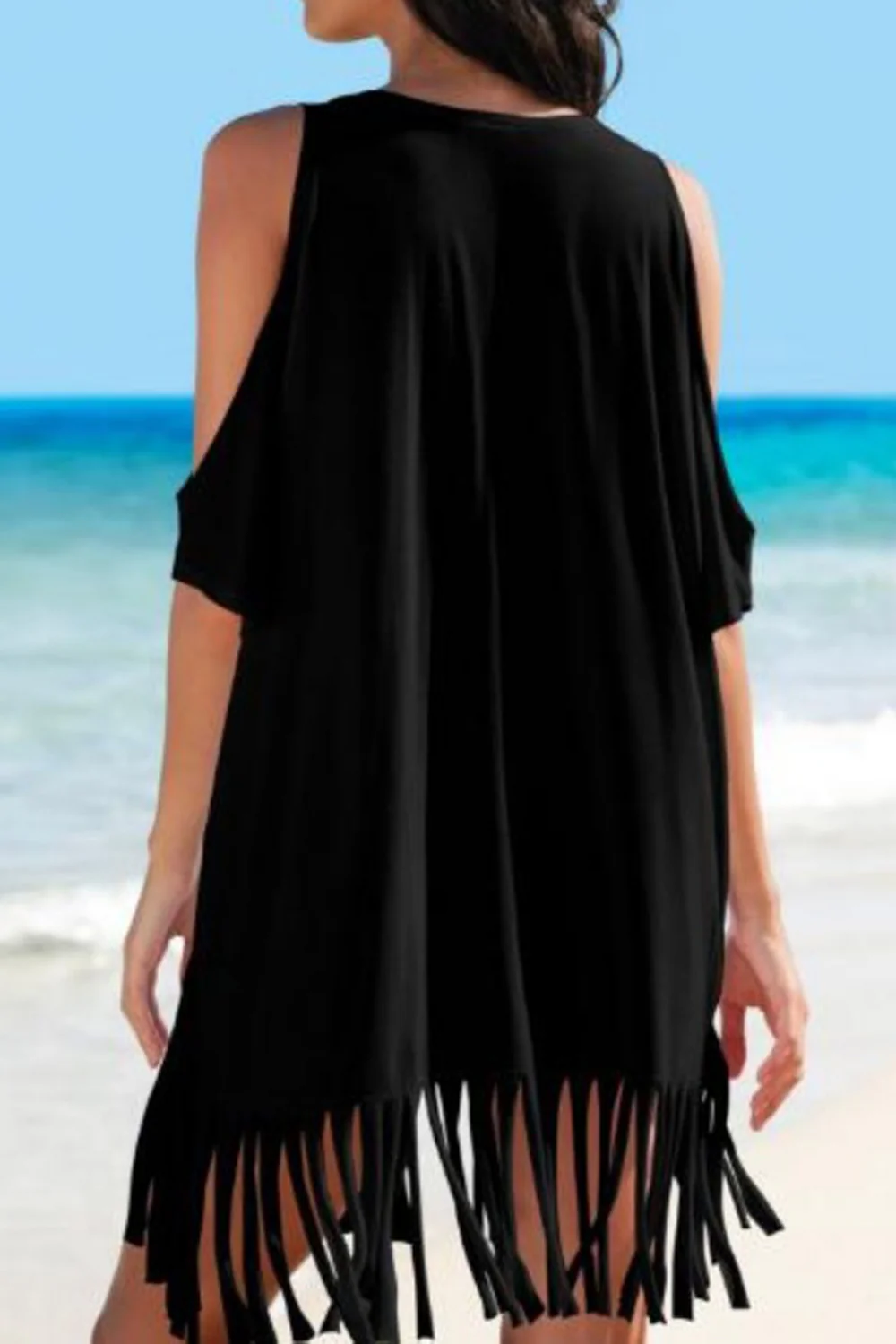 Fringe V-Neck Cold Shoulder Cover Up - Image 5