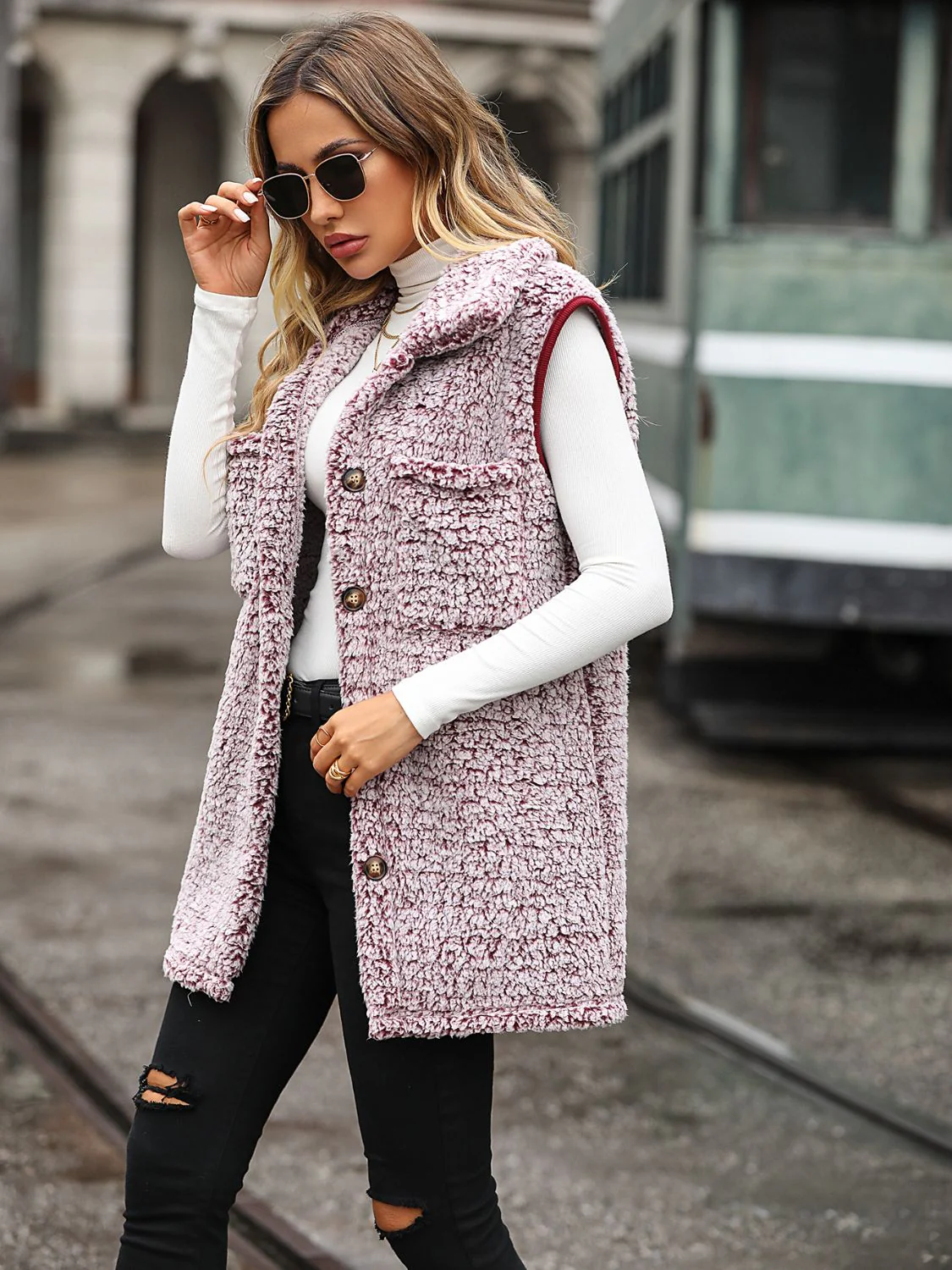 Full Size Button Down Collared Neck Vest - Image 3